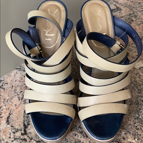 Yves Saint Laurent Leather Strait Wedge Sandals - Picture 2 of 8